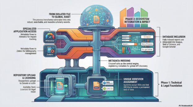 A visualization of how the ecosystem of digital tools built by academics makes papers, but also non-academic reports, findable and reusable.